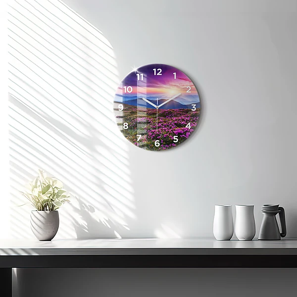 Wanduhr rund mit motiv Sonnenaufgang Blumen
