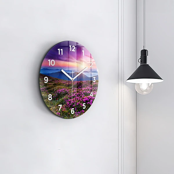 Wanduhr rund mit motiv Sonnenaufgang Blumen