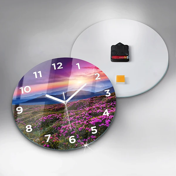 Wanduhr rund mit motiv Sonnenaufgang Blumen