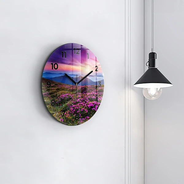 Wanduhr rund mit motiv Sonnenaufgang Blumen