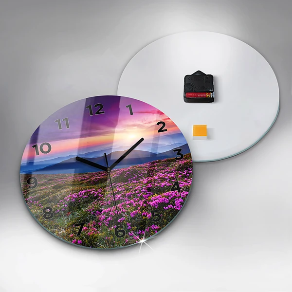 Wanduhr rund mit motiv Sonnenaufgang Blumen