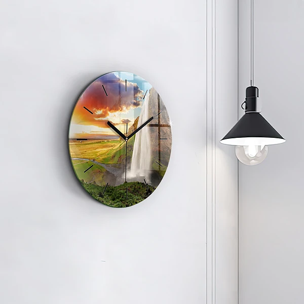 Wanduhr glas rund Wasserfall in Island