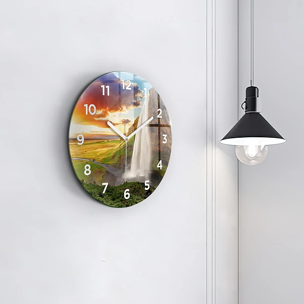 Wanduhr glas rund Wasserfall in Island