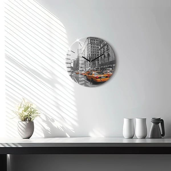Wanduhr rund mit motiv Manhattan und Taxis