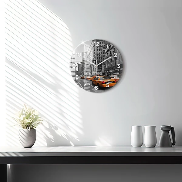Wanduhr rund mit motiv Manhattan und Taxis