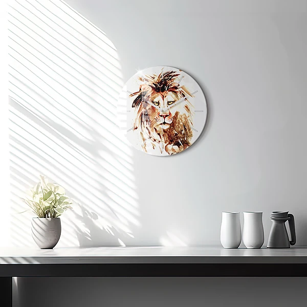 Wanduhr glas rund Illustration eines braunen Löwen