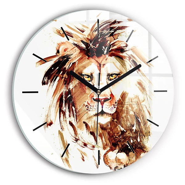 Wanduhr glas rund Illustration eines braunen Löwen