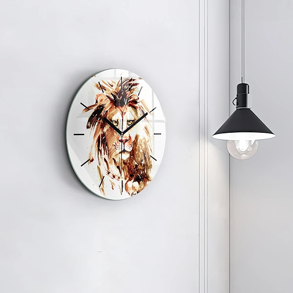 Wanduhr glas rund Illustration eines braunen Löwen