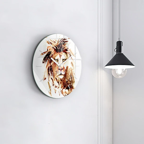Wanduhr glas rund Illustration eines braunen Löwen