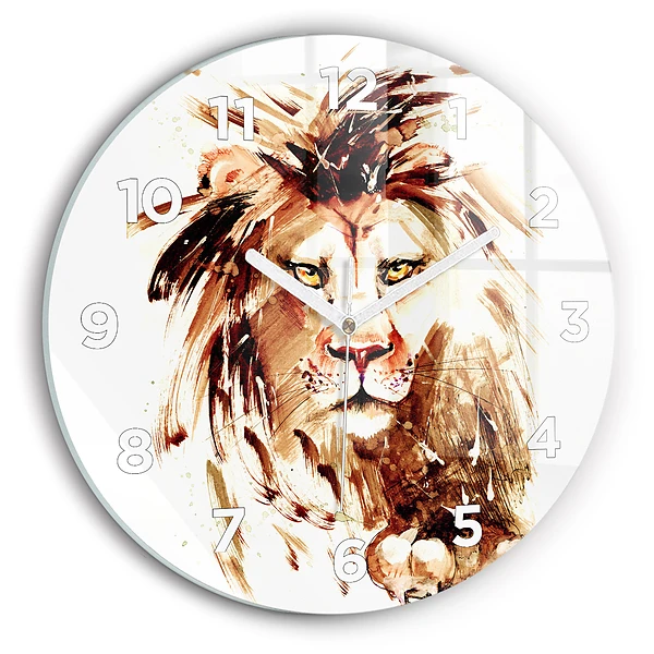 Wanduhr glas rund Illustration eines braunen Löwen