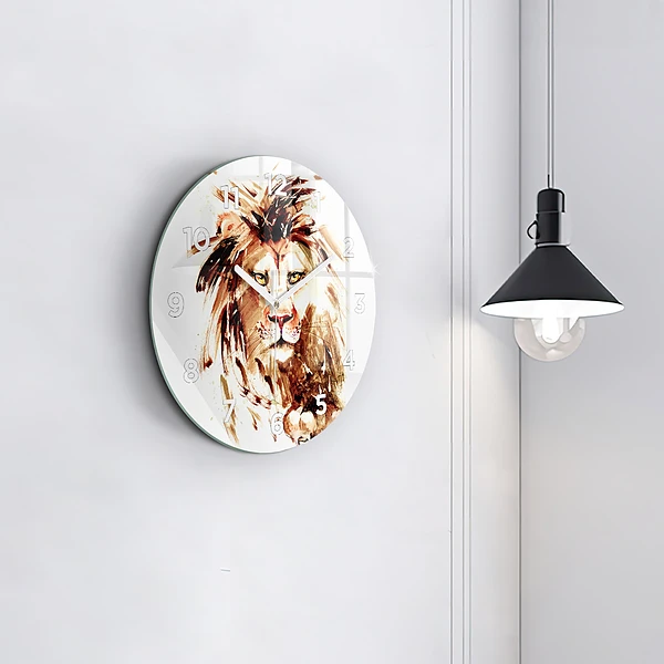 Wanduhr glas rund Illustration eines braunen Löwen