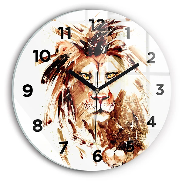 Wanduhr glas rund Illustration eines braunen Löwen
