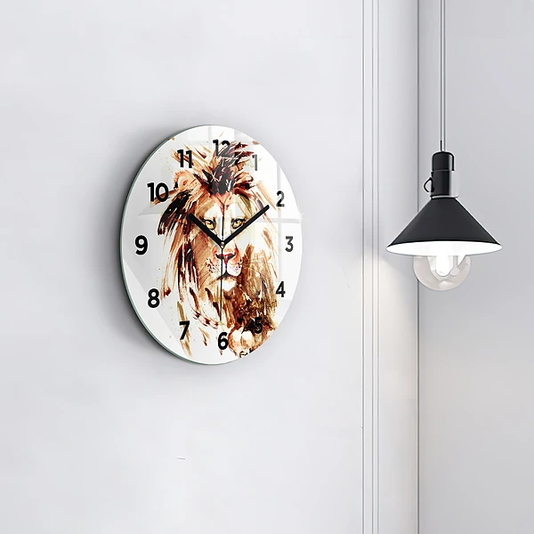 Wanduhr glas rund Illustration eines braunen Löwen
