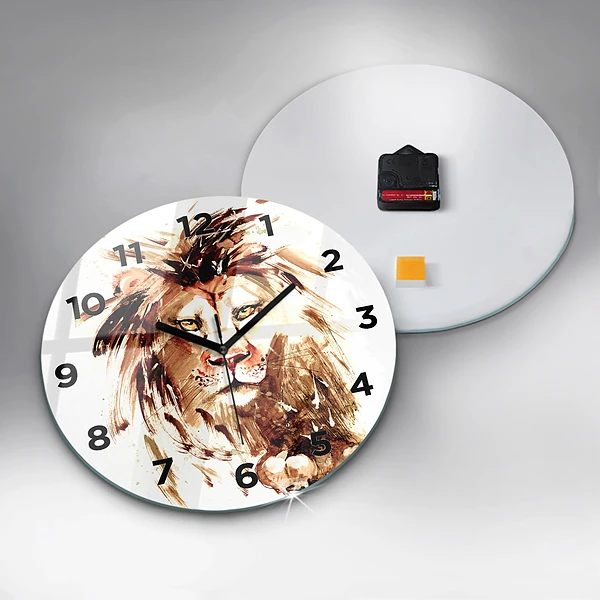 Wanduhr glas rund Illustration eines braunen Löwen
