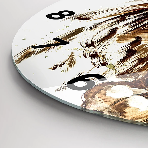 Wanduhr glas rund Illustration eines braunen Löwen