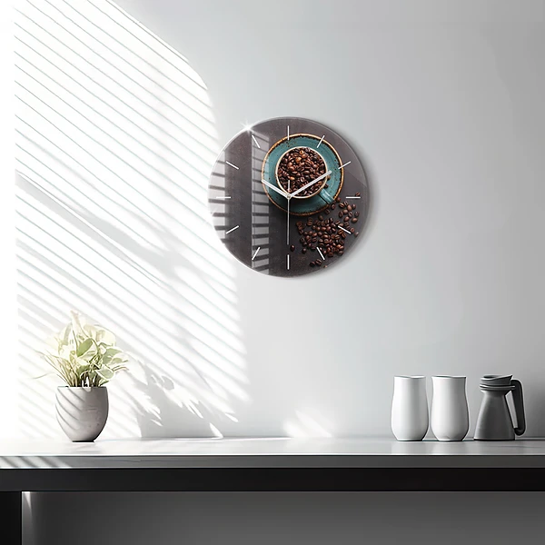 Wanduhr glas rund Tasse Kaffee