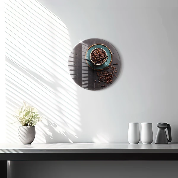 Wanduhr glas rund Tasse Kaffee