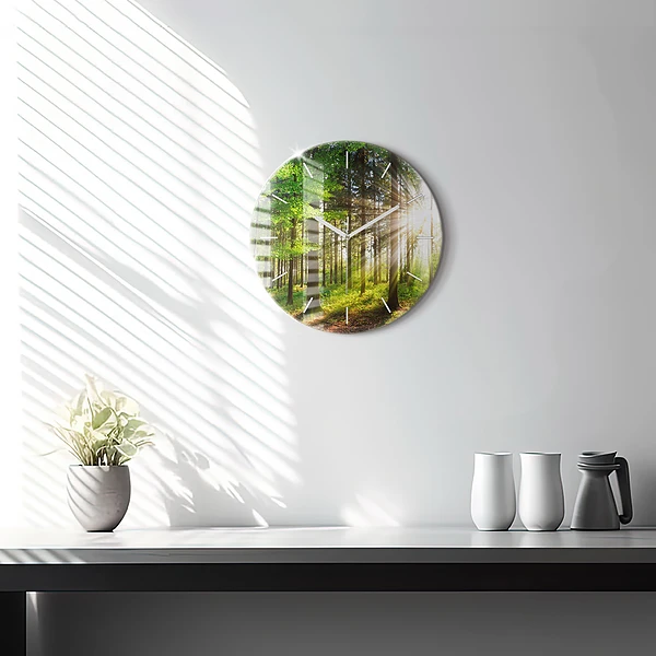 Wanduhr glas rund Sonnenaufgang im Wald