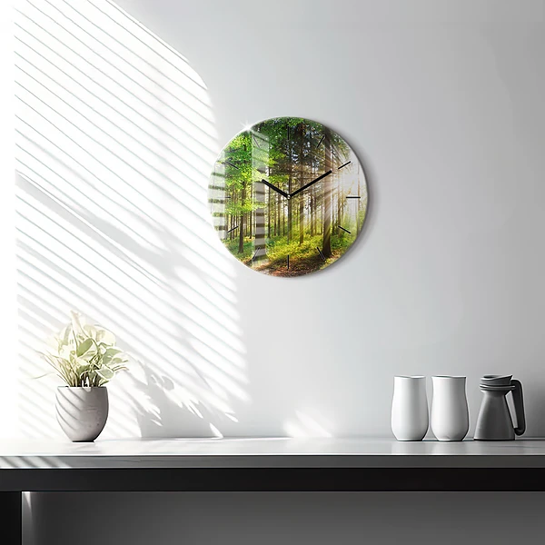 Wanduhr glas rund Sonnenaufgang im Wald