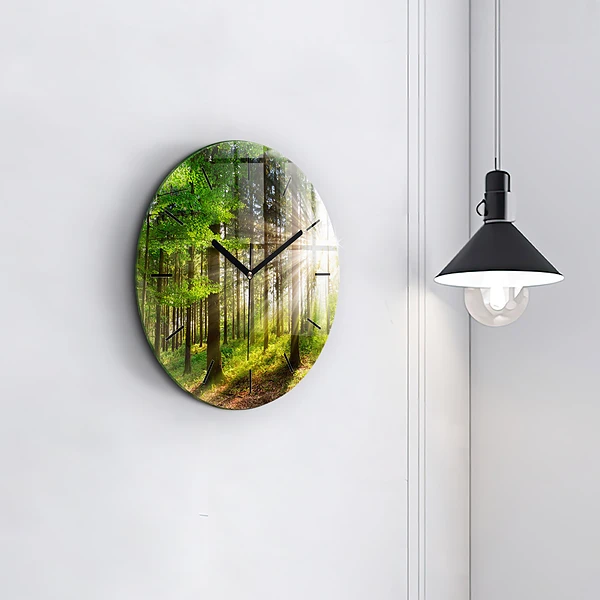 Wanduhr glas rund Sonnenaufgang im Wald