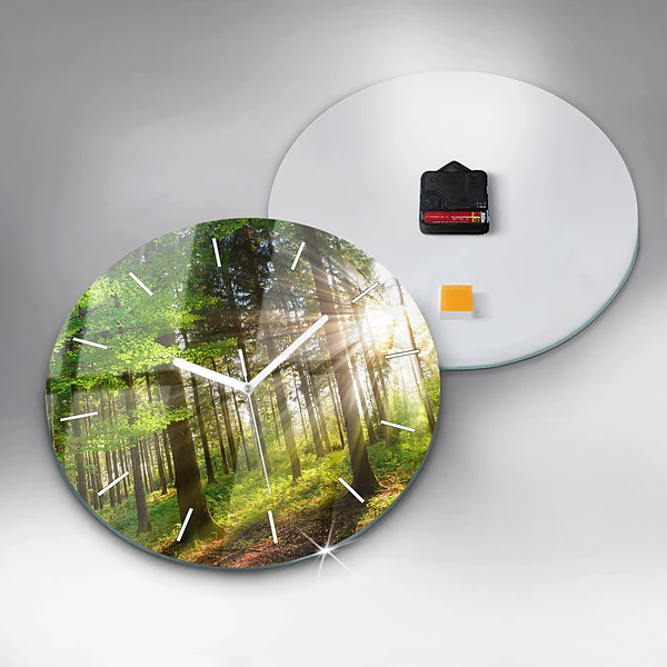 Wanduhr glas rund Sonnenaufgang im Wald