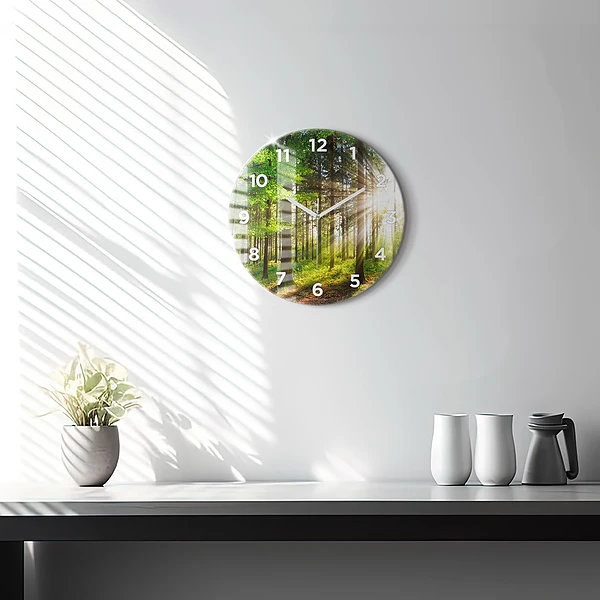 Wanduhr glas rund Sonnenaufgang im Wald