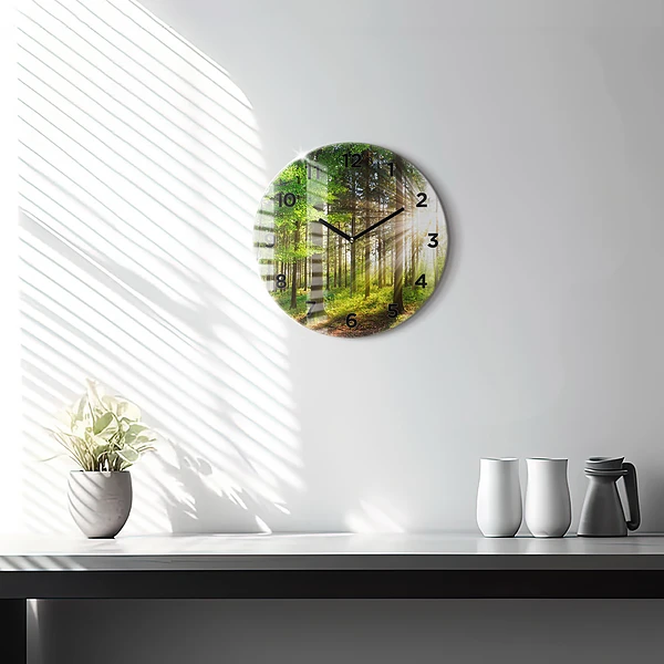 Wanduhr glas rund Sonnenaufgang im Wald