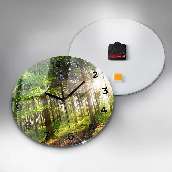 Wanduhr glas rund Sonnenaufgang im Wald