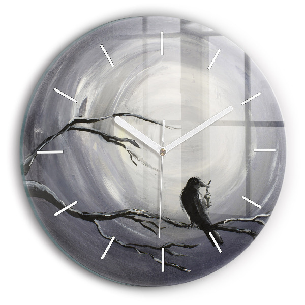 Wanduhr glas rund Rabe im Mondlicht