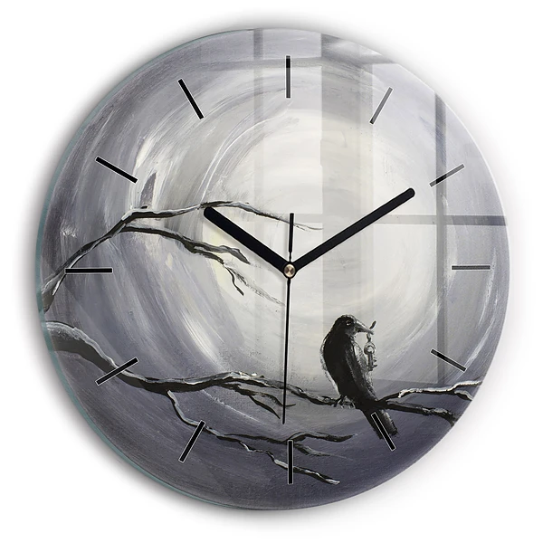 Wanduhr glas rund Rabe im Mondlicht