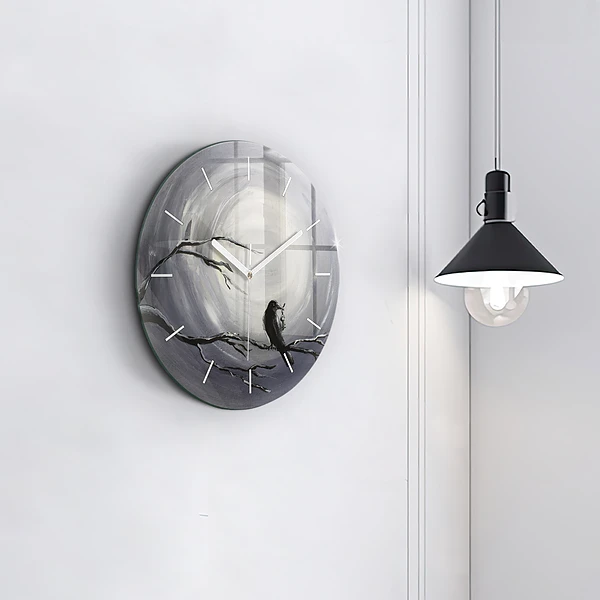 Wanduhr glas rund Rabe im Mondlicht