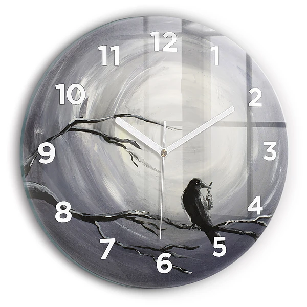 Wanduhr glas rund Rabe im Mondlicht