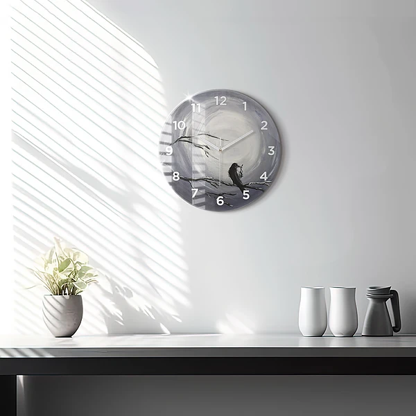 Wanduhr glas rund Rabe im Mondlicht