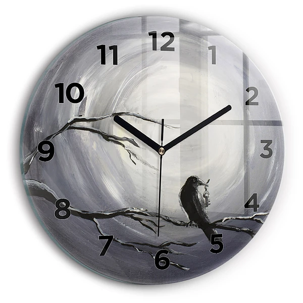Wanduhr glas rund Rabe im Mondlicht