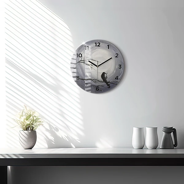 Wanduhr glas rund Rabe im Mondlicht