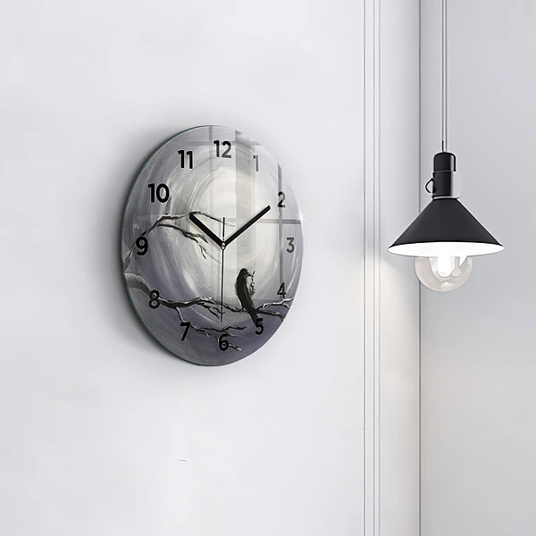 Wanduhr glas rund Rabe im Mondlicht