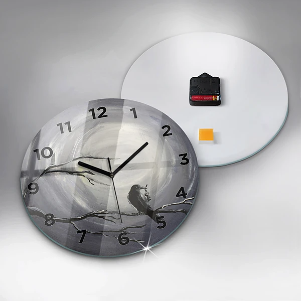 Wanduhr glas rund Rabe im Mondlicht