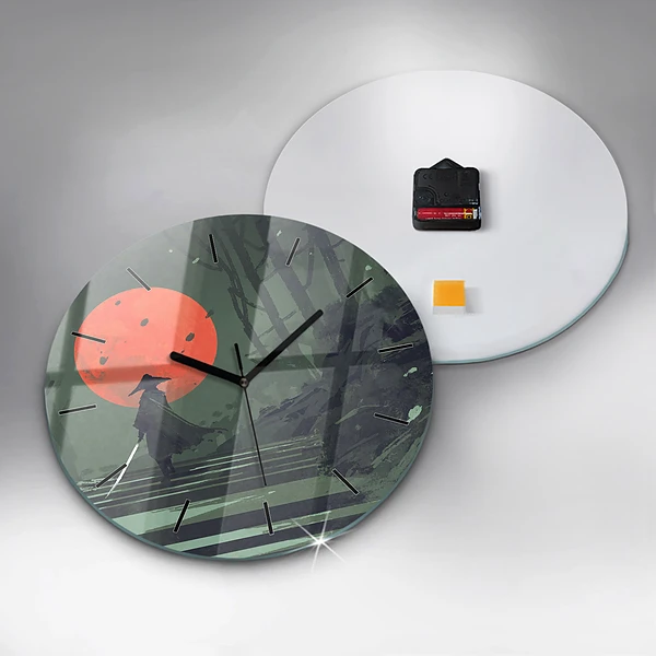 Wanduhr rund Samurai im Wald