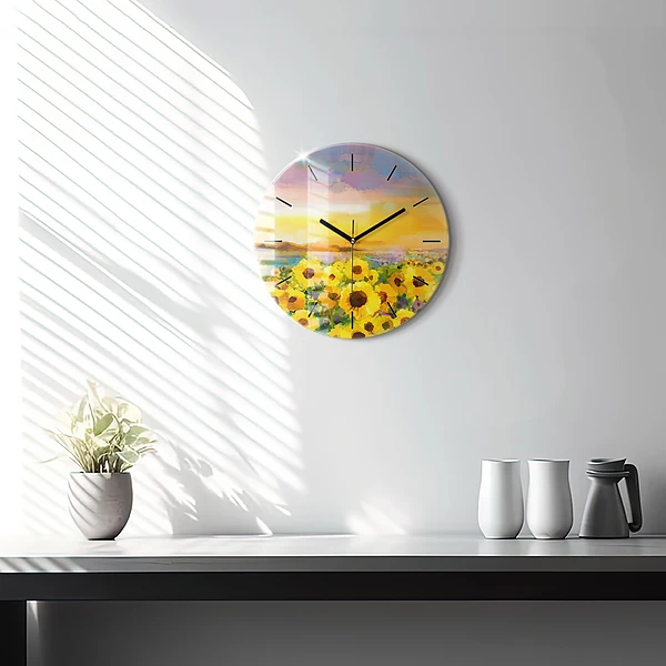 Wanduhr rund Feld mit Sonnenblumen
