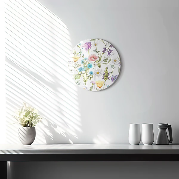 Wanduhr rund Komposition von Blumen