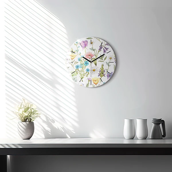 Wanduhr rund Komposition von Blumen