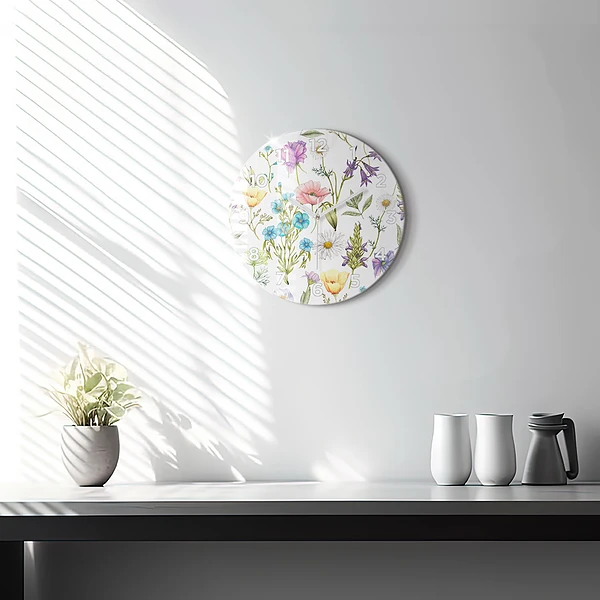 Wanduhr rund Komposition von Blumen