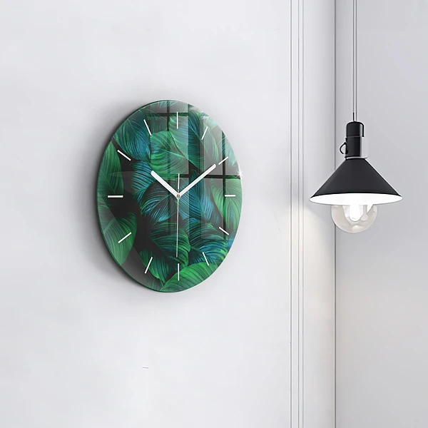 Wanduhr glas rund Blätter der Natur