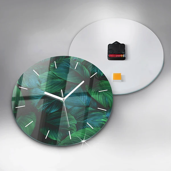 Wanduhr glas rund Blätter der Natur