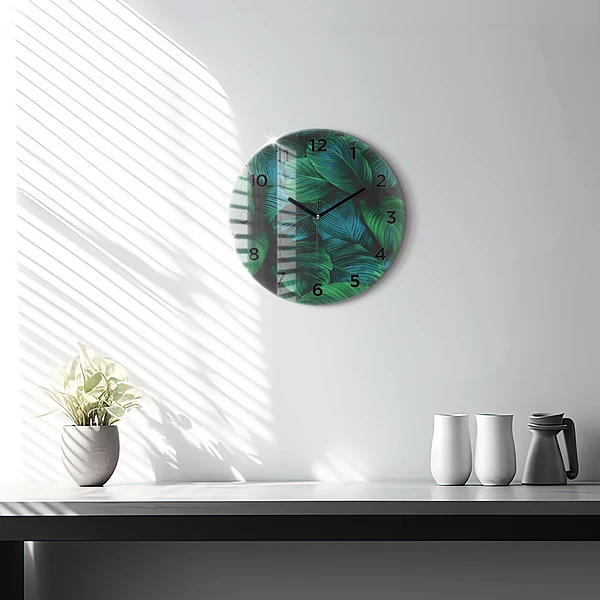 Wanduhr glas rund Blätter der Natur