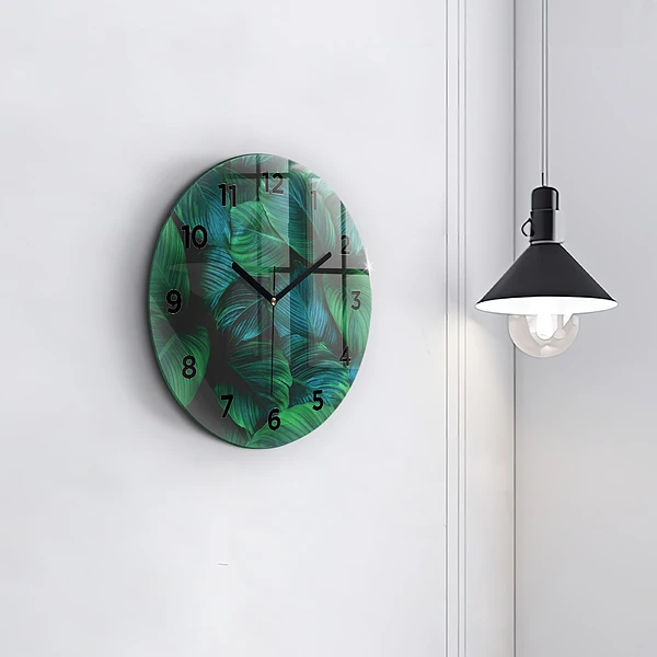 Wanduhr glas rund Blätter der Natur