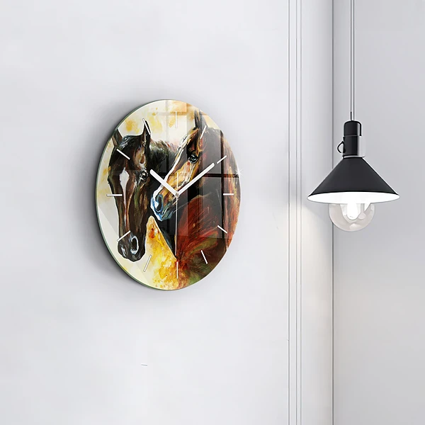 Wanduhr glas rund Zwei gemalte Pferde