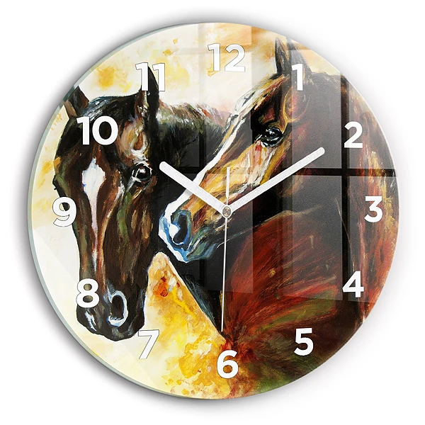 Wanduhr glas rund Zwei gemalte Pferde
