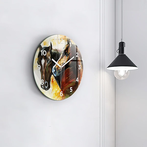 Wanduhr glas rund Zwei gemalte Pferde