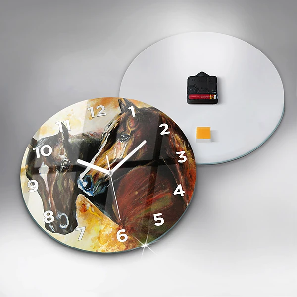 Wanduhr glas rund Zwei gemalte Pferde